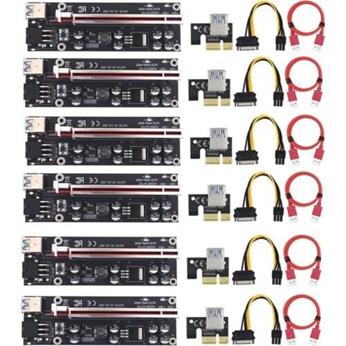 6pcs VER009 Plus USB3.0 PCI-E Riser VER 009S Express 1x 4x 8x 16x Extender PCIe Riser Card Adapter SATA 15pin to 6pin Power