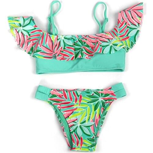 Andzhelika Bikini Girls Swimwear Summer Print Leaves Ruffle Bikinis Set Two-Piece Suits Childrens Swimwear Swim Suit AK58