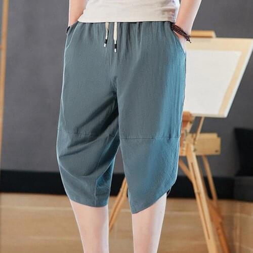 Chinese Style Mens Shorts Summer Loose Casual Imitation Cotton and Linen Cropped Pants Summer Beach Pants Harem Pants