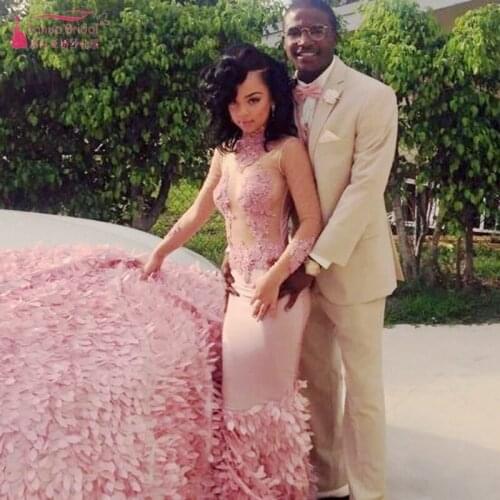 Black Girl Prom Dresses 2019 Pink Appliques High Neck Sexy Tulle Illusion With Leaves Court Train Simple Evening Dresses W048