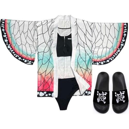 Demon Slayer Kimono Swimsuit Slipper Cosplay Women 4 Piece Beach 3D Print Anime Kamado Tanjirou Bikini Summer Sexy Swimwear Set