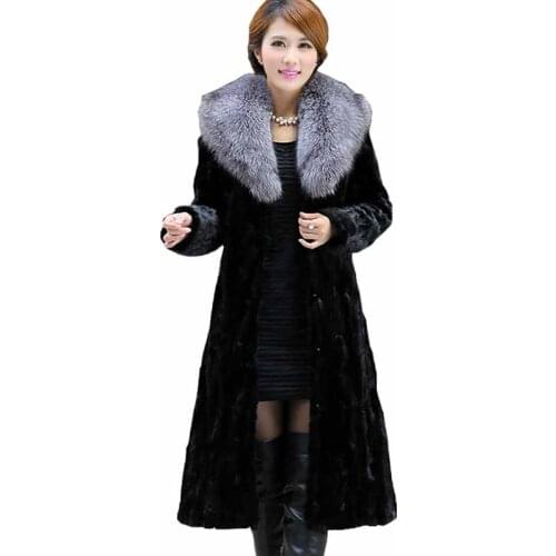 6XL Plus Size Black Fur Long Overcoat Women Elegant High Imitation Fox Fur padded Coat Pop Vogue Ladies Winter Warm Coats G057