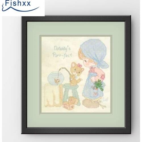 Fishxx Cross Stitch Package H187 Cute Cartoon Character Pattern Girl And Fishing Kitten Hand Sewing