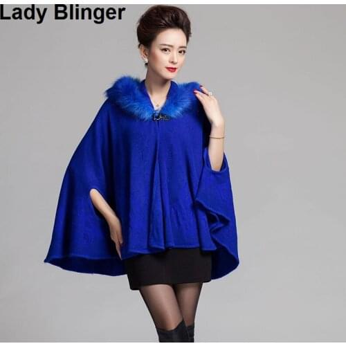 Hot sell knitted cape with faux fox fur hoodie poncho warm top quality fur wraps faux cashmere cape