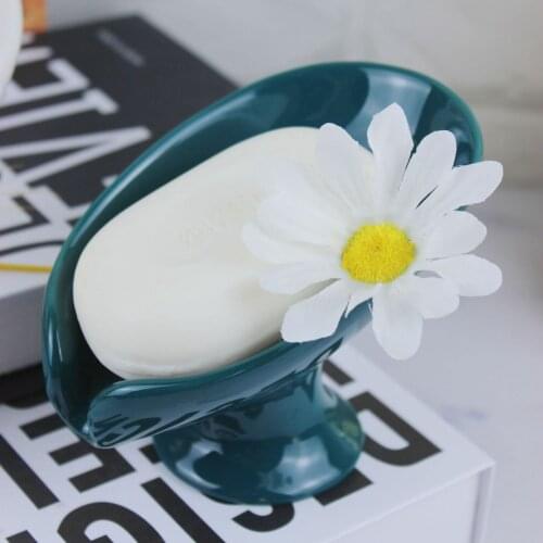 Ceramic Soap Box with Leaf Shape Water Guide Hole Dish Holder Bathroom Decoration