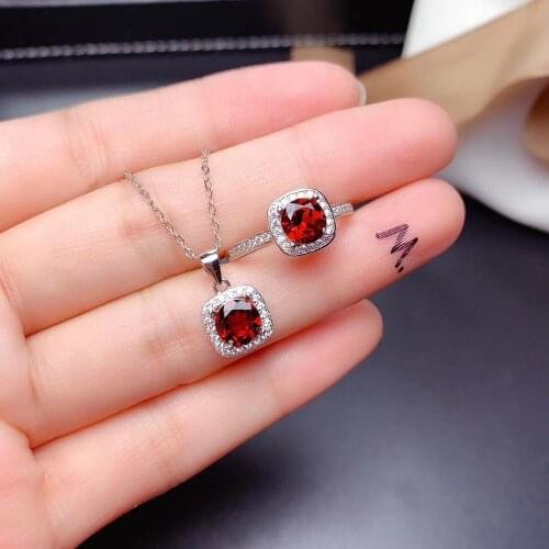New Arrival Real Natural Natural real red garnet luxury style jewelry set 1pc ring 1pc Pandant 925 sterling silver