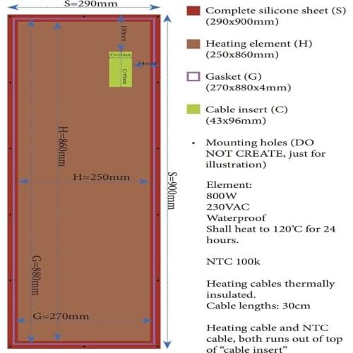 Pad in silicone riscaldamento 230v NTC 100k 290X900mm 800w fabbricazione silicone heateing pad hole 4mm Warming Products