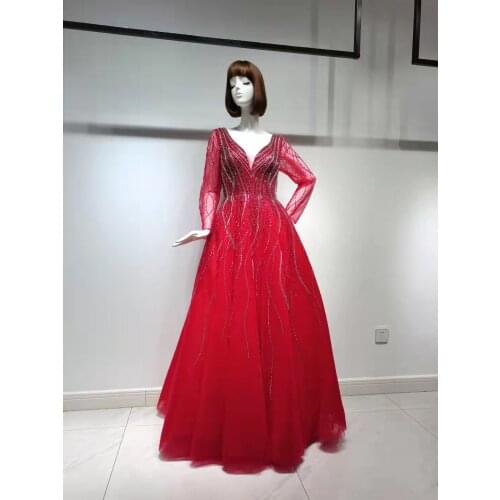 Red Long Sleeves Porm Fashion A-Line Ladies Beading Formal Crystals Luxury Evening Party Dark Gowns New1670