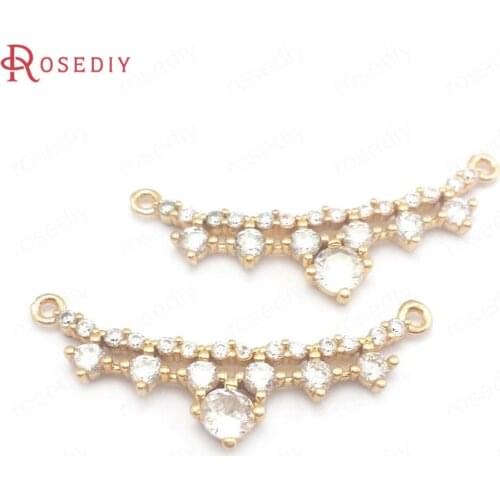 40248)6PCS 13x31MM 24K Champagne Gold Color Brass and Zircon 2 Holes Curve Connect Charms Pendants Diy Jewelry Making Supplies
