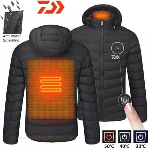 Daiwa 2021 Men Winter Warm USB Heating Jackets Smart Thermostat Pure Color Hooded Heated Clothing Waterproof Fishing Jackets