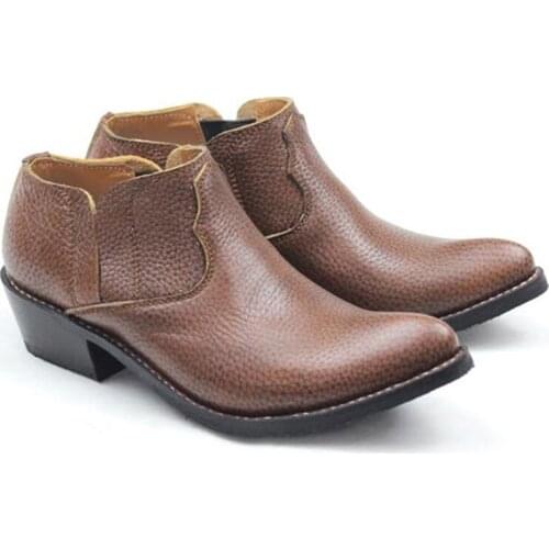 Handmade Mens Boots Ankle Cowhide Genuine Leather Work Boots Western Cowboy Boots with Low Tops Men Martin Boots, 3.5cm Heel