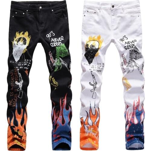 Fashion Streetwear Men Jeans Slim Fit Elastic Hip Hop Jeans Men Personality Punk Pencil Pants Designer Printed Jeans Homme