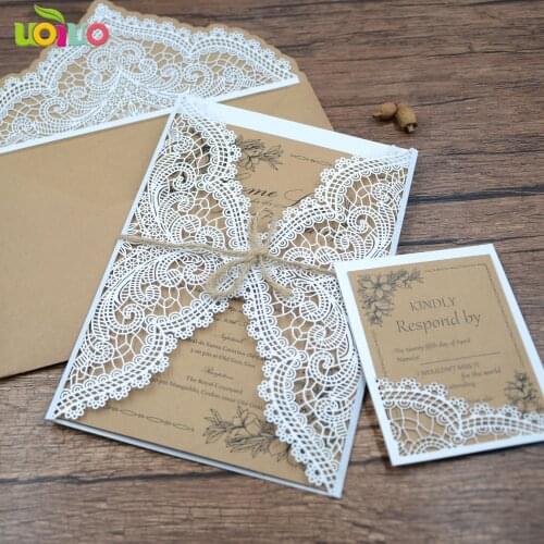 New arrival kraft paper laser cut hot sale birthday invitations wedding invitation cards with RSVP cards with twine