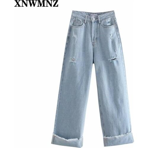 XNWMNZ New womens fashion jeans with turn-up hems women loose jeans for girls jeans woman high waist wide-leg ripped trousers