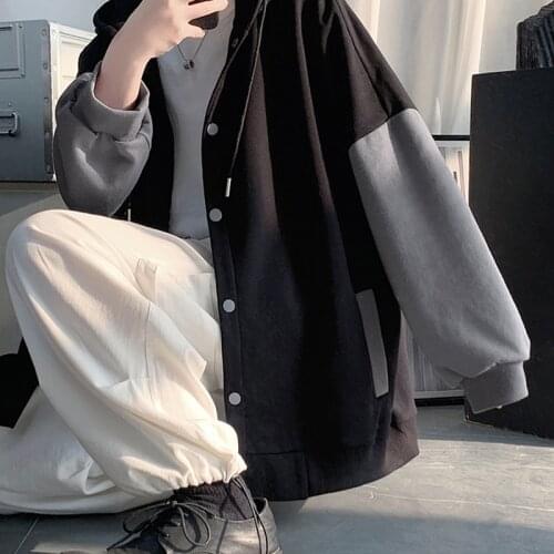 Autumn Korean Fashion Sweatshirt Hoodie Patchwork Sleeve Streetwear Harajuku Single-Breasted Oversized Hoody Hoodies