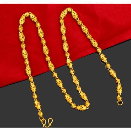 Classical 24K Yellow Gold Necklace For Men Fashion Hollow Olive Round Bead Necklace Wedding Engagement Fine Jewelry Gifts