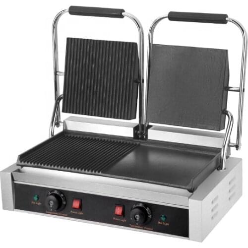 Full Grooved and Full Flat 2in1 Double Plate Sandwich Press Grill Beef Steak Machine Commercial Electric Contact Grill