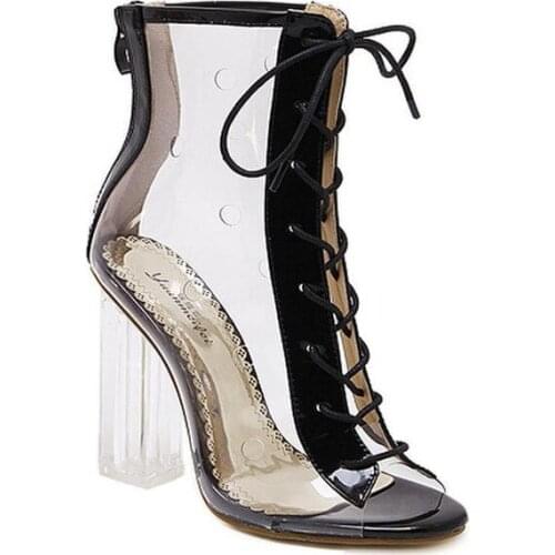 Womens Sandals New Open Toe Cross Lace Up Transparent Thick Heel Boots Women platform sandals wedges shoes for women