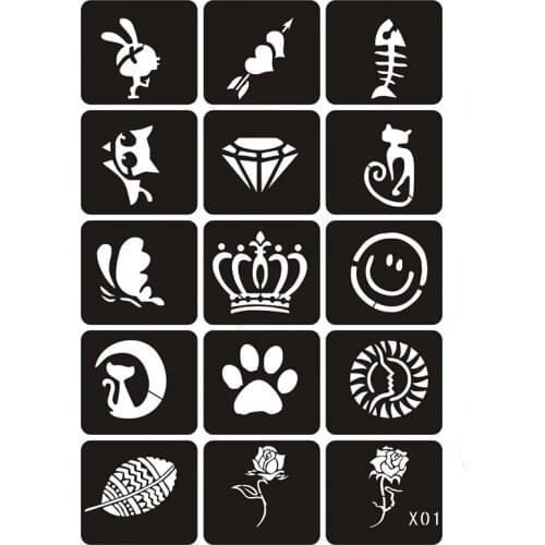 15pcs Airbrush Glitter Tattoo Stencils Woman Girl Kids Drawing Template,Small Flower Crown Cat Cartoon Tattoo Stencil 6*4.8cm X1
