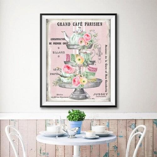French Cafe Sign Print Shabby Style Tiered Tray Summer Tea Party Coffee Wall Art Canvas Painting Vintage Poster Kitchen Decor