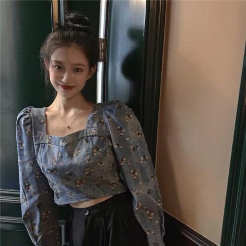 Women Blouse Fall Retro Square Collar Short Long Sleeve Shirt Top Women Blusas Ropa De Mujer