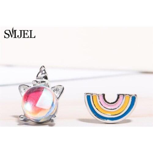 SMJEL Unicorn Rainbow Stud Earrings Kids Children Jewelry Asymmetry Stone Animal Fashion Cute Baby Earrings Women Gifts