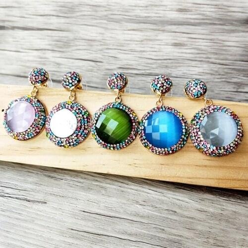 1 pair Sparkly Cat Eye Stone Round Dangle Earrings With Multicolour Rhinestone Pave Jewelry Earrings Gift for women ER807