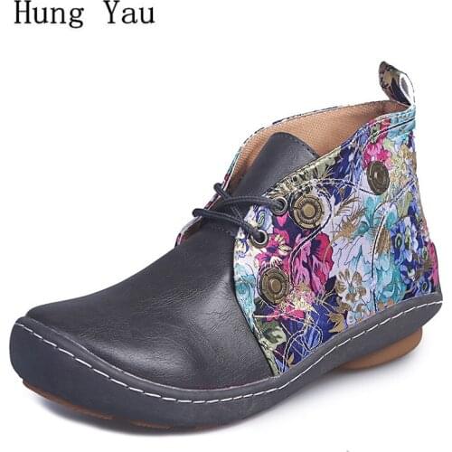 Women Ankle Martin Boots Autumn Female Casual Shoes Flats Flower Fashion Rome Round Toe Platform Plus Size 35-43
