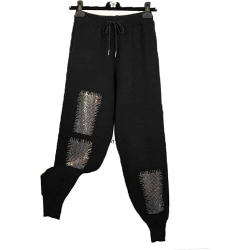 European 2020 New Autumn Hot Drilling Splicing Casual Pants Women Loose Elastic Waist Stretch Pant Winter Tide Wild Knit Pants