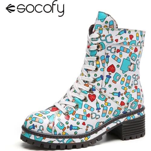 SOCOFY Women Cartoon Printing Pattern Leather Boots Comfy Lace-up Side Zipper Boots Casual Outdoor Party Shoes Botas Mujer 2020