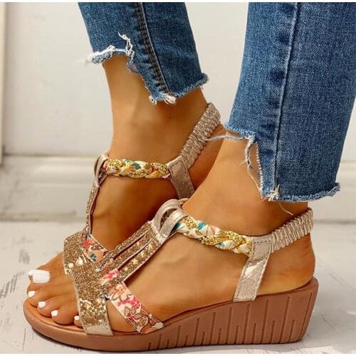 Womens Sandals 34-40 Summer Bohemia Platform Wedges Shoes Crystal Gladiator Rome Woman Beach Shoes Casual Elastic Band Female