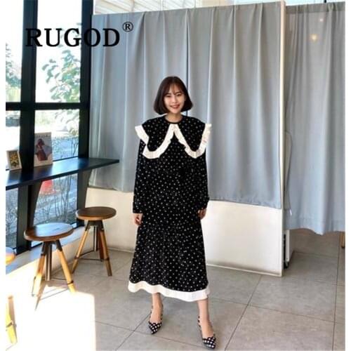 RUGOD Vintage peter pan collar long dress women Fashion dot printed velet soft party dress vestidos winter warm maxi dresses