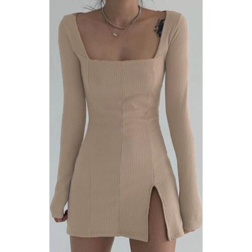 Sexy Split Ribbed Knit Y2k Womens Dress Vintage Square Collar Basic Dress NiceSolid Long Sleeve Bodycon Lady Mini Dresses Party