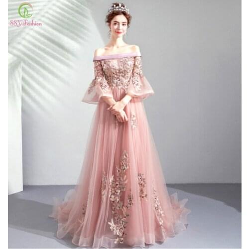 SSYFashion 2019 New Naked Pink Evening Dress Boat Neck 3/4 Sleeves Lace Embroidery Beading Floor-length Long Prom Formal Gown