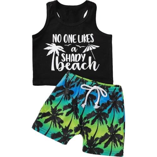 2021 Newborn Baby Little Boys Outfit, Summer Toddlers Round Collar Sleeveless Letter Vest + Coconut Tree Printing Shorts Set