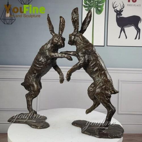 Bronze Hare Sculpture Couple Rabbits Statue Love Animal Figurine Art Crafts Gift Bronze Fighting Rabbit Statues For Home Decor