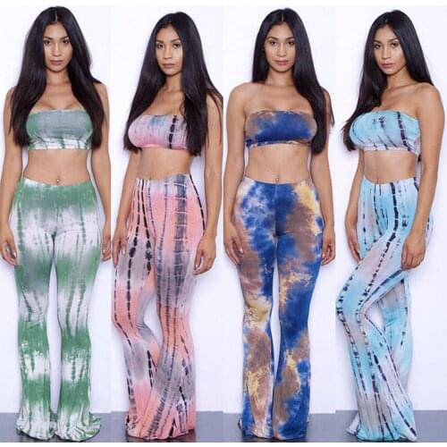 Large Size 2 piece Set Women Tie Dye Flare Pants Set Bandage Strapless Tube Crop Top+Wide Leg Pants Bell-Bottoms Tracksuit