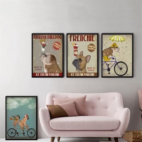 English Bulldog Ice Cream Dog Painting Canvas Pictures for Living Room Dog Bicycle Wall Art Retro Posters and Prints Quadros