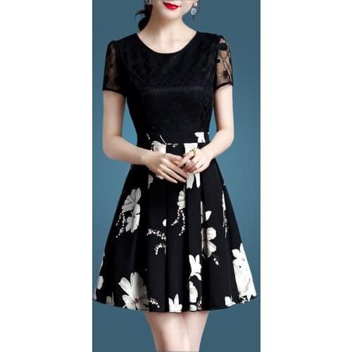 Fake Two-Piece Set Summer Chiffon Lace Short Sleeve O-Neck A-Line High Waist Slim Floral Print Fashion Black Cocktail Dress 9959