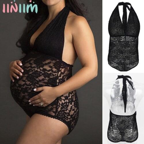 Pregnant Women Lace Lingerie Underwear Maternity Clothes For Shooting Photo Bodysuit Pajamas Floral Deep V Photography Props