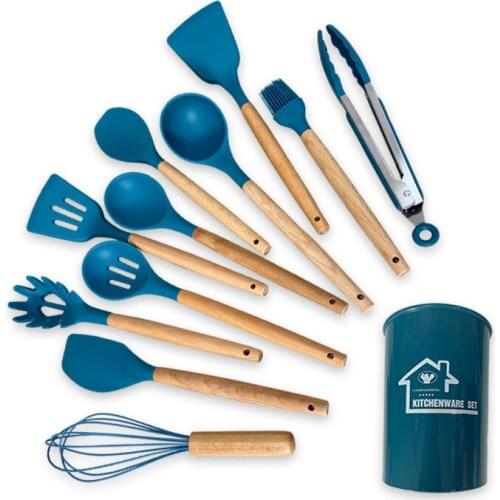 Kitchen Cooking Tool Set Spatula Spoon Wooden Handle Storage Bucket Pasta Colander Silicone Spatula Kitchenware Set Accessories