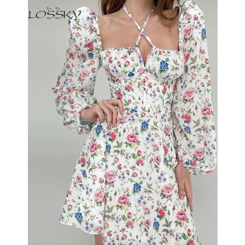 Summer Women Puff Long Sleeve Floral Dress Sexy Backless Lace-up Beach Mini Dresses Casual Off Shoulder Party Halter Sundress