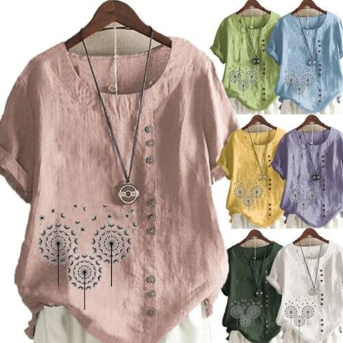 Summer Casual Dandelion Print Loose T-shirts Vintage Linen O-Neck Plus Size Short Sleeve Blouse Tops For Women
