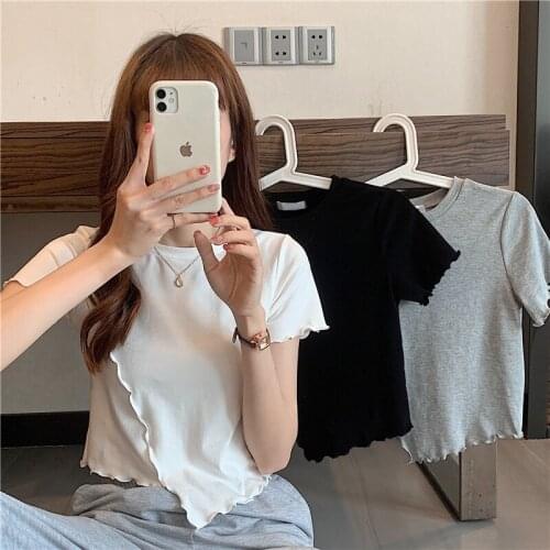 2021 Summer Fungus Irregular Short-sleeved Design Sense Slimming Stretch Short-sleeved T-shirt Bottoming Shirt Top