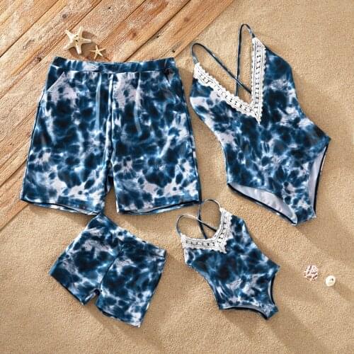 PatPat 2021 New Summer Tie-dye V-neck Lace Collar Strappy Matching Swimsuits Family Look Childrens Clothing
