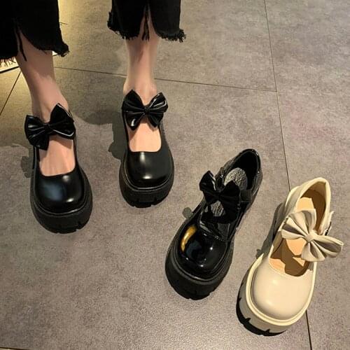 Lolita Shoes Bow Platform Leather Shoes Woman Round Toe Mary Janes Shoes High Heels Thick Sole Ladies Shoes zapatos mujer 9238G