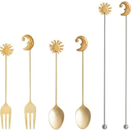 Sun Moon Coffee Spoon Dessert Fork Fruit Cake Fork Coffee Sugar Spoon Stirring Mixing Spoon Tea Spoon Kitchen Tableware Gold