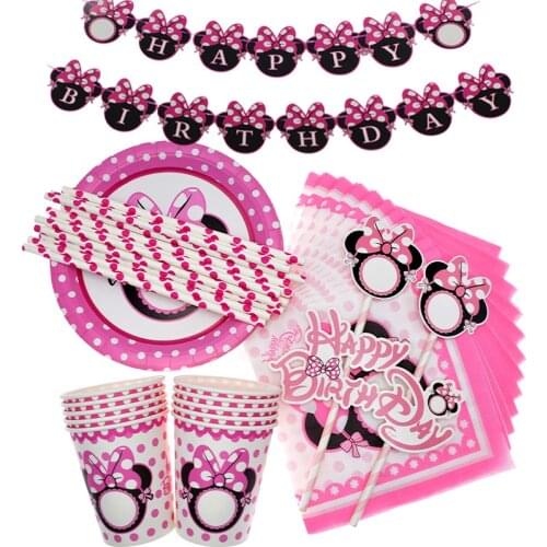 PINK MINNIE Happy Birthday Party Supplies Disposable Tableware Set Cups Plate Straw Banner Girls Favorite Party Decoration