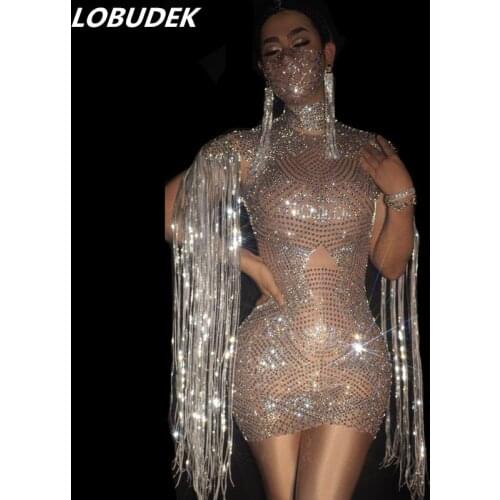 New Transparent Silver Rhinestones Tassel Dress Women Birthday Celebrate Mesh Stretch Package Hips Short Dress Singer DS Costume