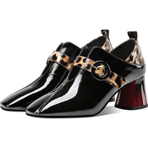 Fall Single Shoes Woman High Heels Women Pumps Square toe Leopard Pattern Buckle Thick Heel British Female Patent Leather